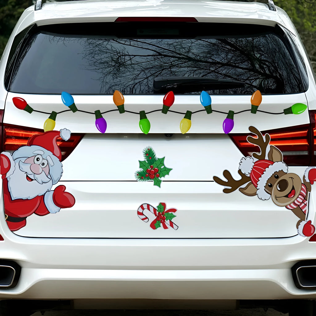 Cartoon-style red Christmas elk sticker with reflective nose detail on a white background.