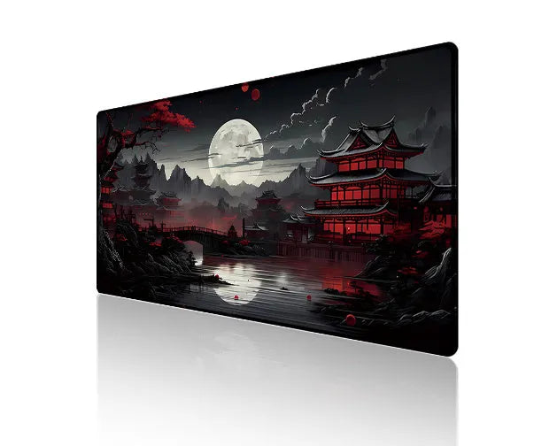 Large custom anime print gaming mouse pad on a desk with keyboard and mouse.
