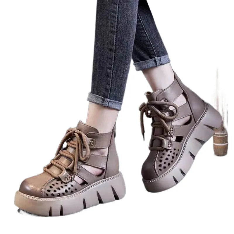 Women's black platform sandals with hollow hole design and fish mouth toe shape