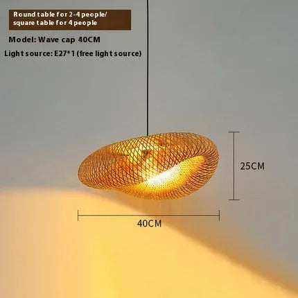 Woven bamboo straw hat-shaped hanging chandelier lamp showing natural texture and light diffusion.