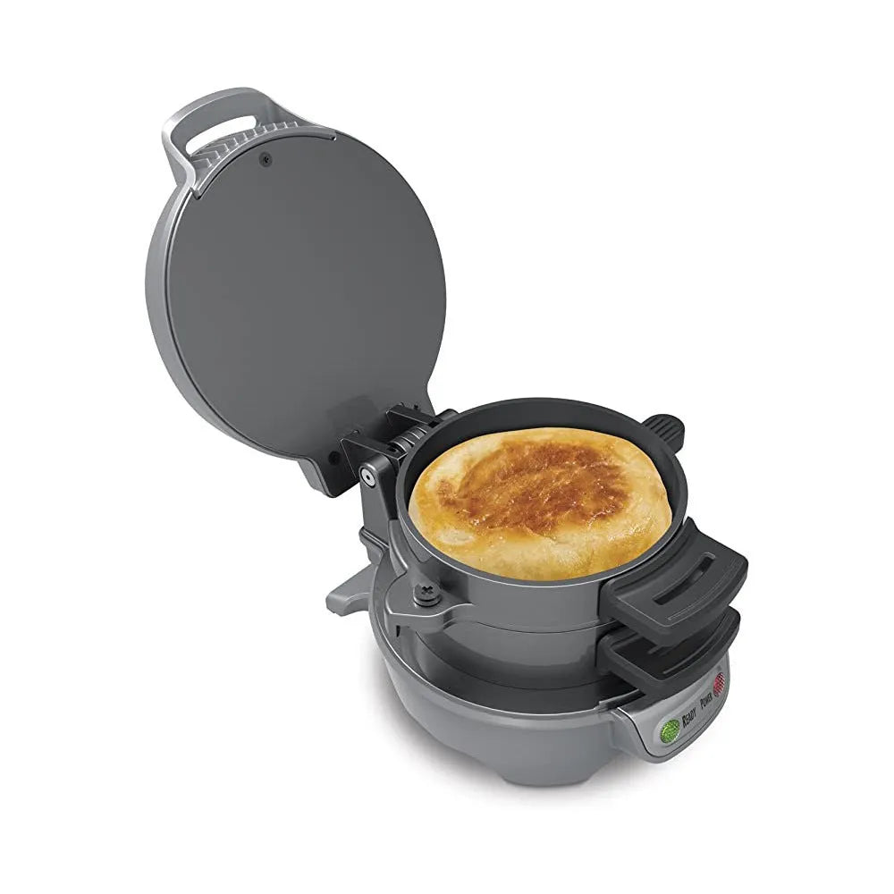 Household breakfast sandwich and waffle maker with egg cooker ring in bright red colour