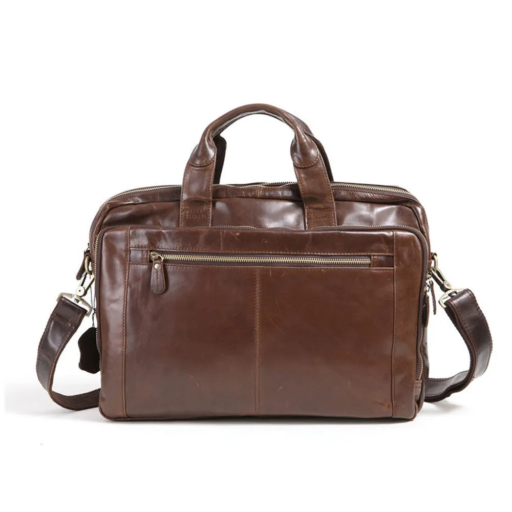 Brown men's business briefcase made from first-layer cowhide leather with 18-inch laptop compartment