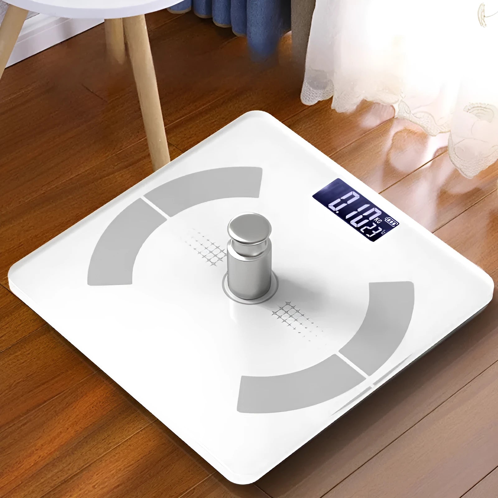 Smart Bluetooth body fat scale in white colour showing digital display with multiple health metrics