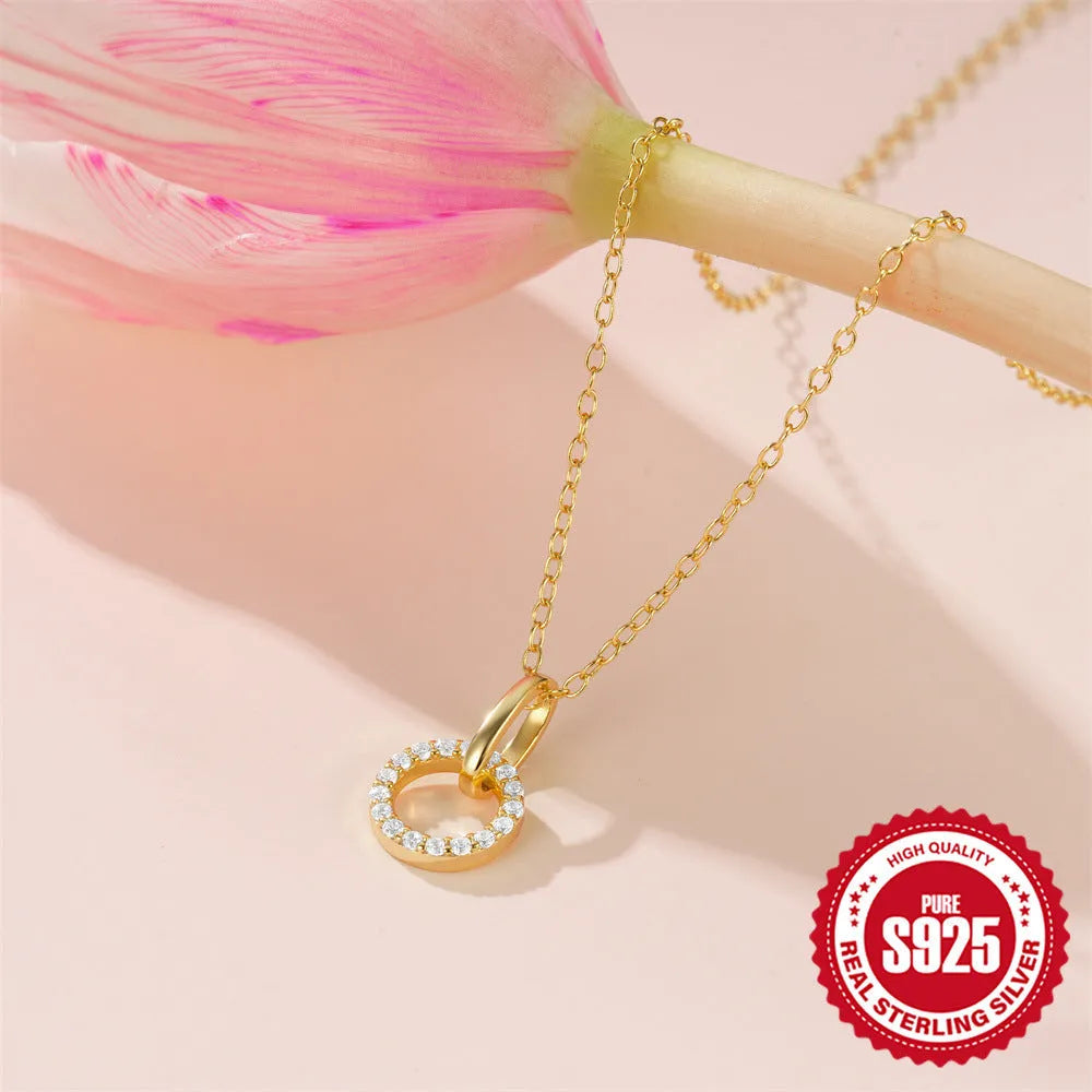 S925 sterling silver clavicle chain necklace with gold colour finish and micro zircon details