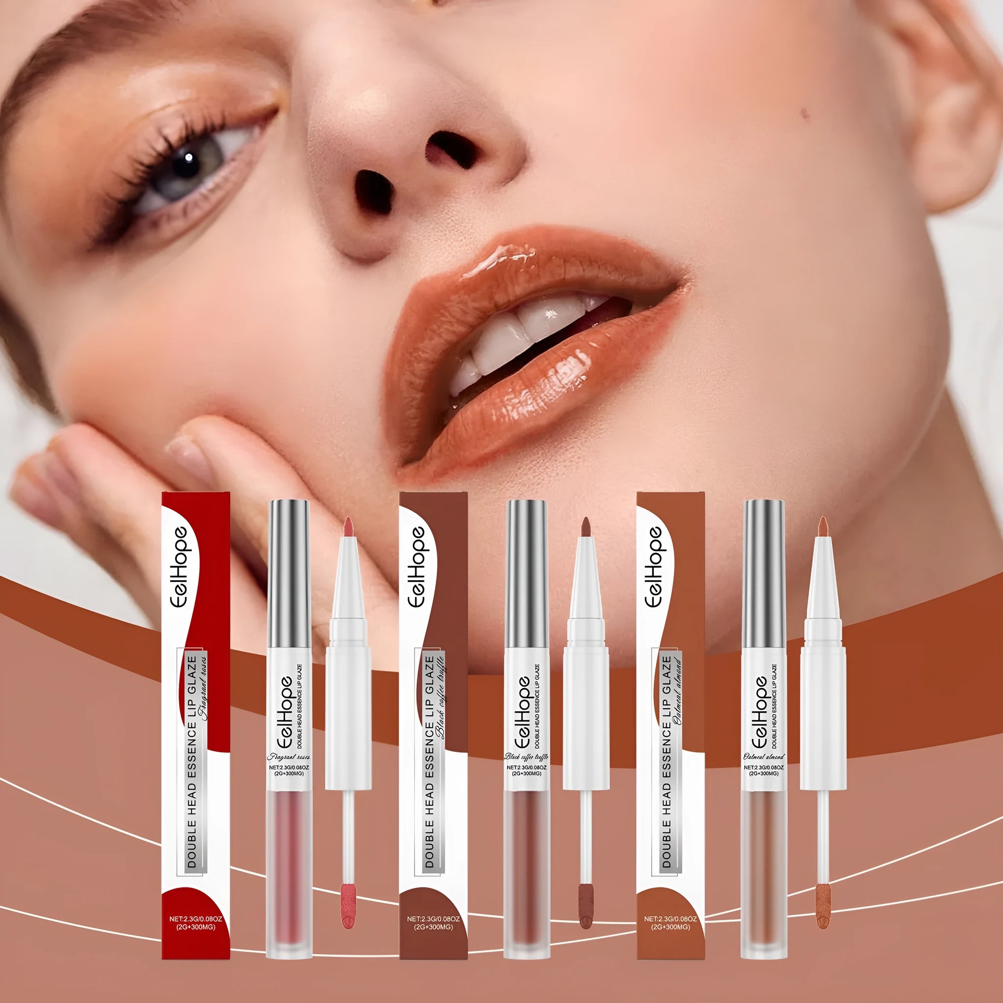 Double-headed lip liner and lip lacquer pen with included lipstick in case.