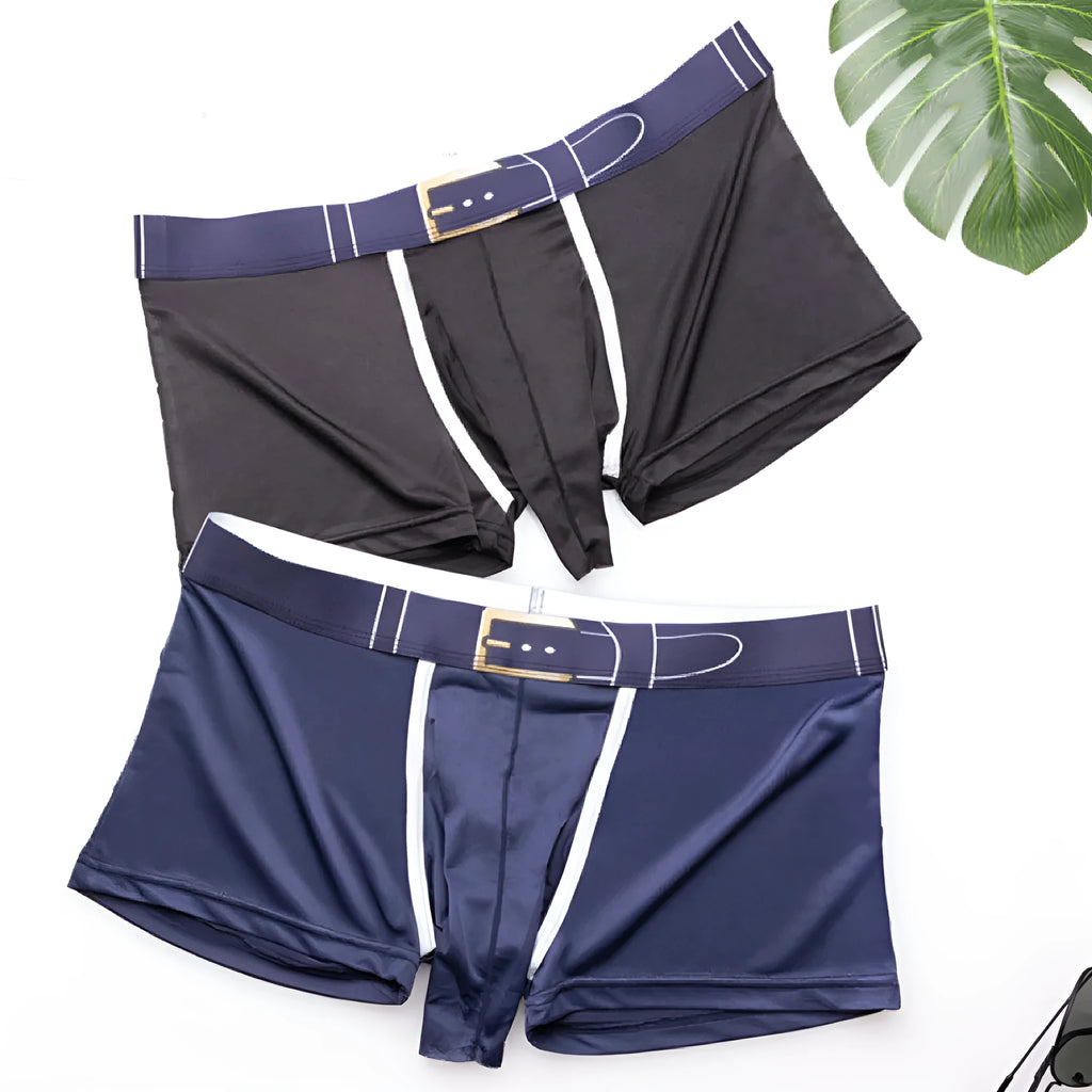 Men's solid colour Ice Silk boxers in mid waist style, shown in various colours.