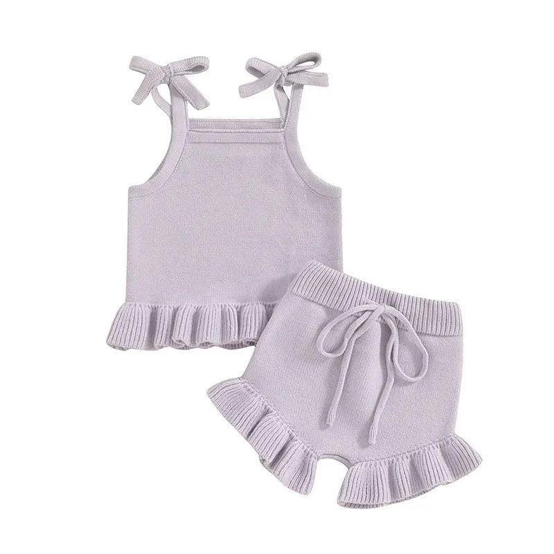 Baby girl knitted corduroy shorts clothing suit in khaki with top and pants set for casual wear