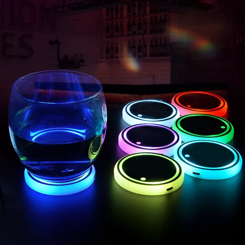 68mm car cup holder LED coaster with multicolour lighting and USB charging cable