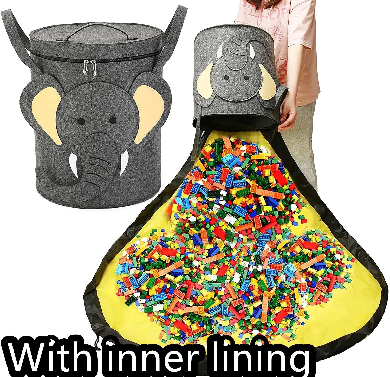 Green felt cube storage bag with pull rope open as a floor play mat for toys.
