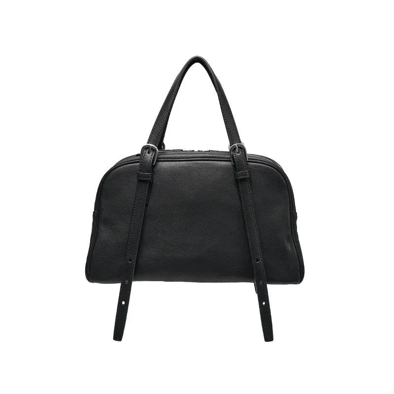 Women's retro style genuine leather shoulder bag in horizontal square silhouette with double straps