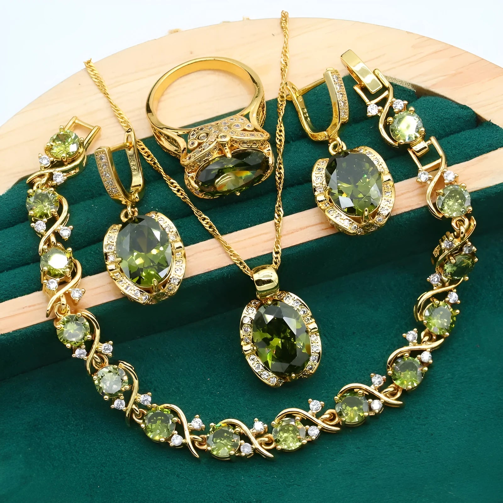 Full rhinestone zircon women's jewellery set with necklace, earrings, and ring on a snake bones chain.