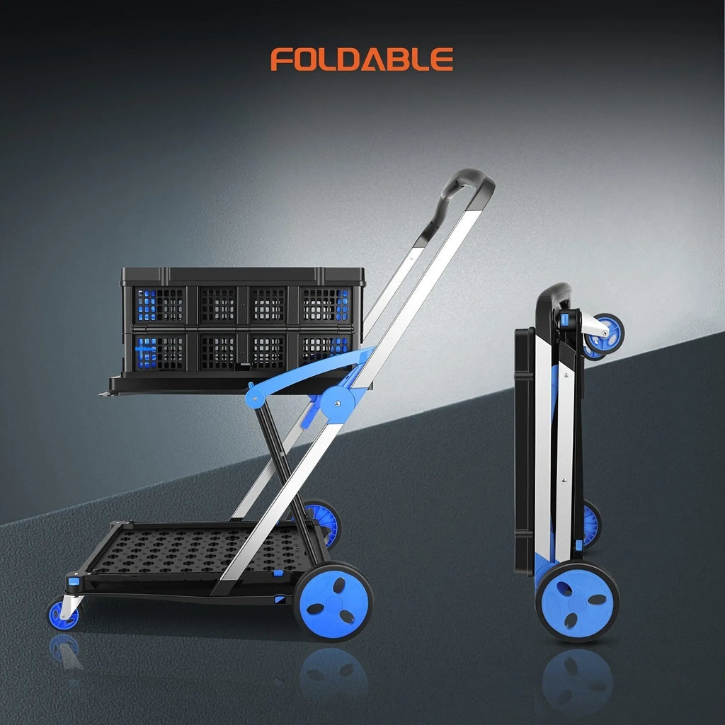 Foldable shopping cart with double baskets in choice of blue, purple, pink, or red colours