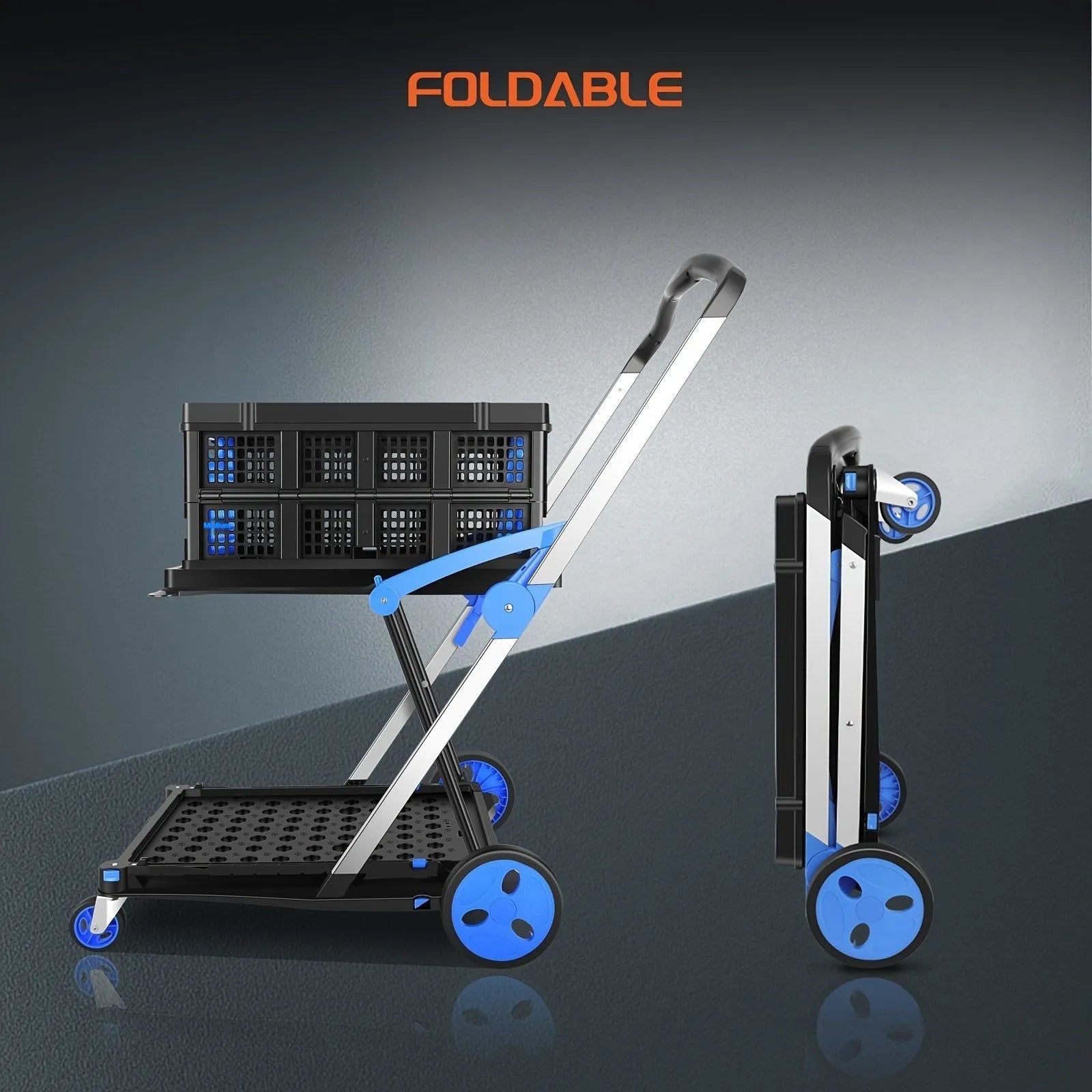 Foldable shopping cart with double baskets in choice of blue, purple, pink, or red colours