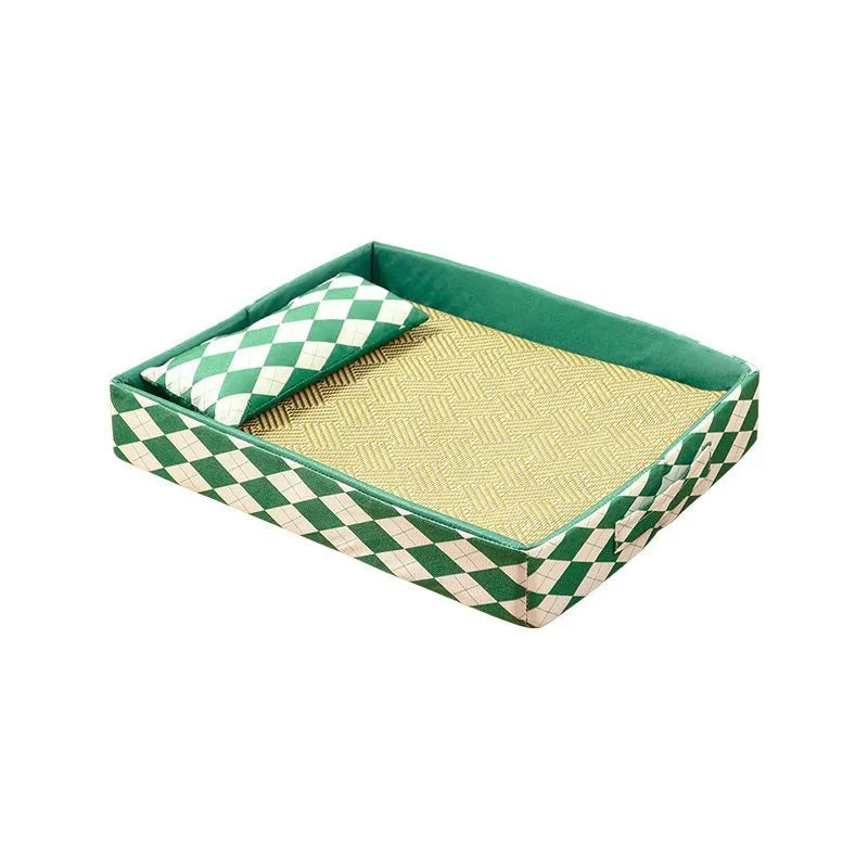 Blue rattan cat litter mat and bed next to a litter tray, shown in a size L.