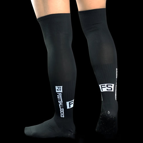 Anti-slip knee-length polyester soccer socks in black for football match and training use