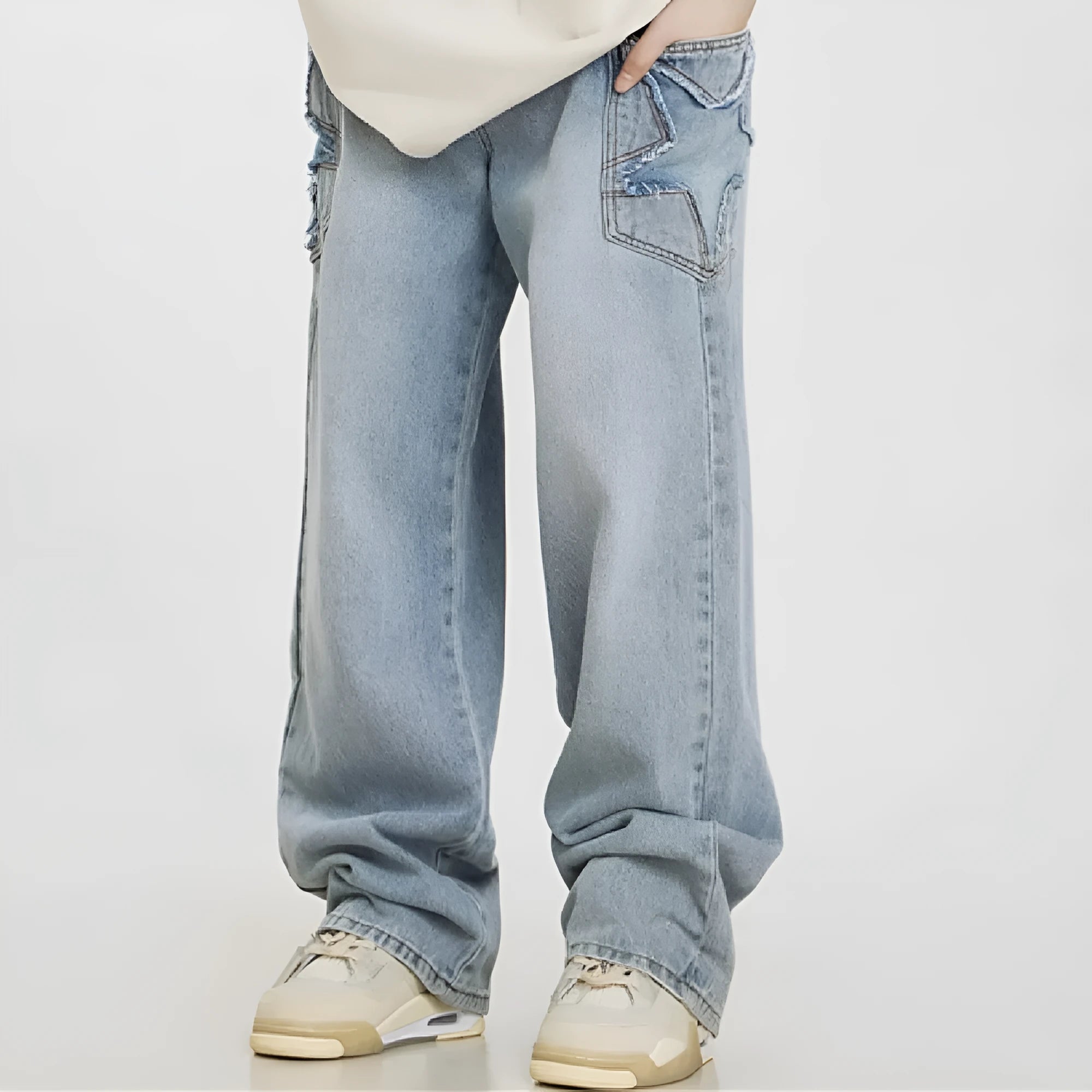 Men's blue American retro straight leg wide tube jeans with mid waist and cotton fabric