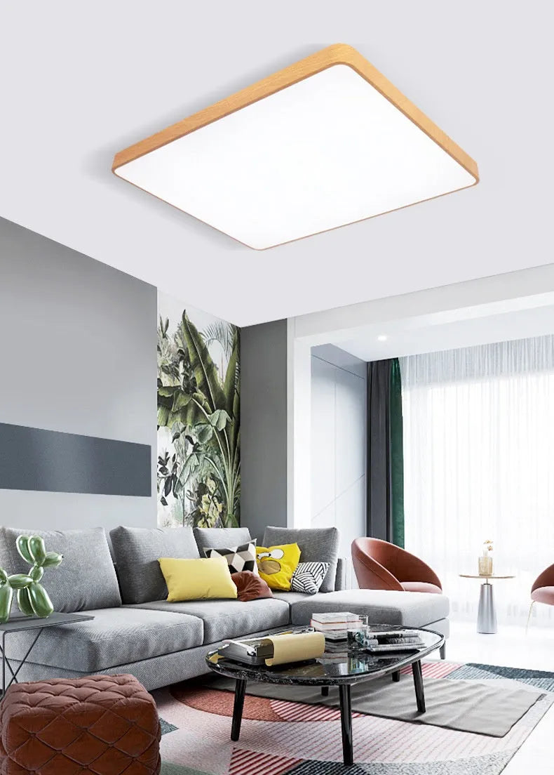 Nordic style square LED ceiling light with wood grain finish, shown in a bedroom setting.