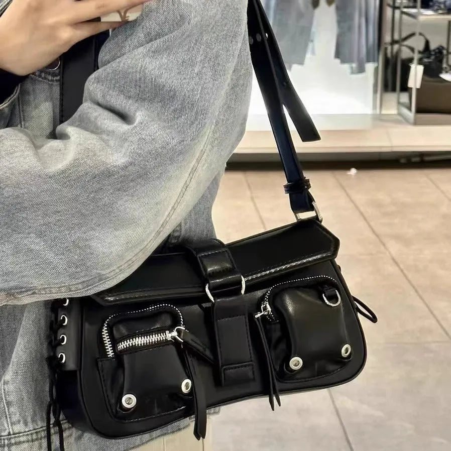 Black PU leather women's baguette messenger bag with adjustable crossbody strap