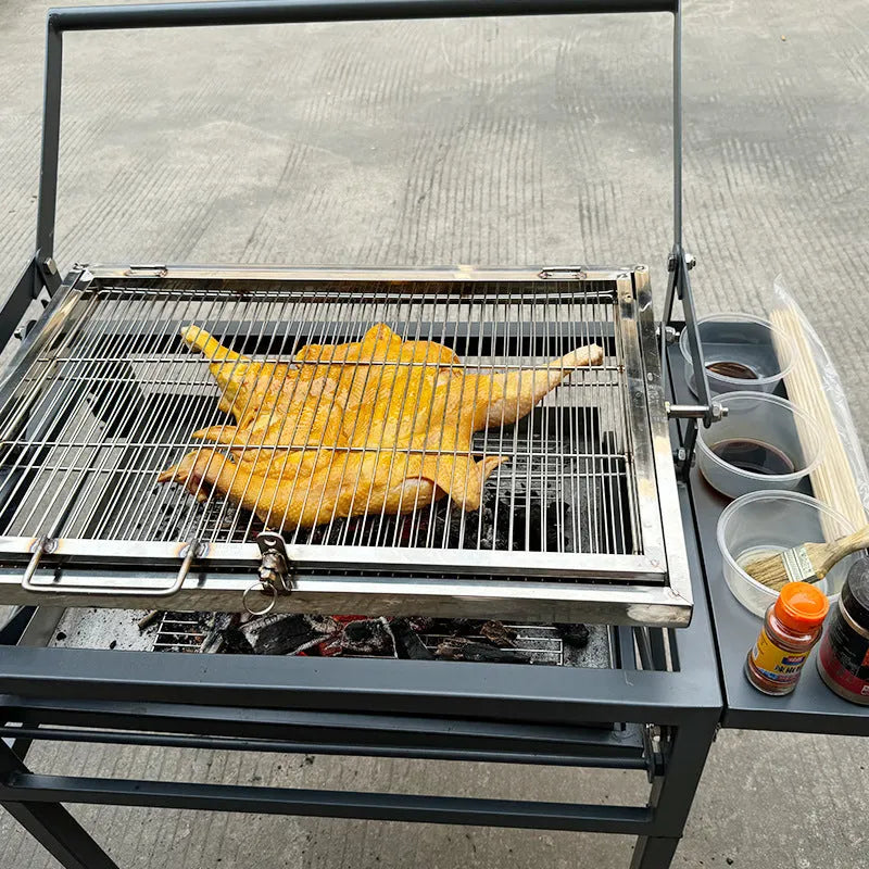 Large foldable L-size charcoal barbecue grill with detachable components for outdoor cooking