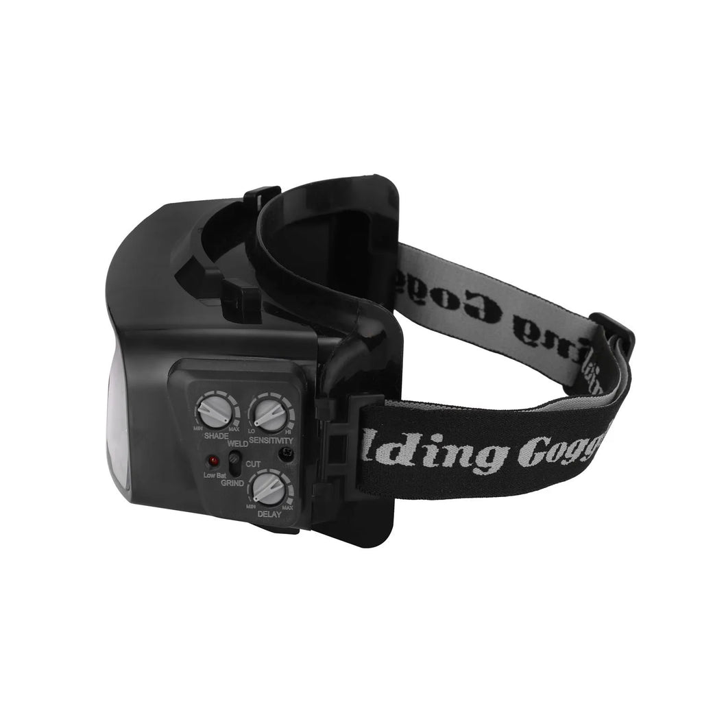 Black automatic darkening welding mask with adjustable shade range and 122.5x35mm viewing area
