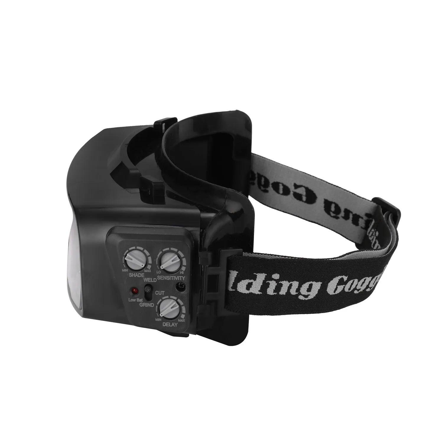 Black automatic darkening welding mask with adjustable shade range and 122.5x35mm viewing area