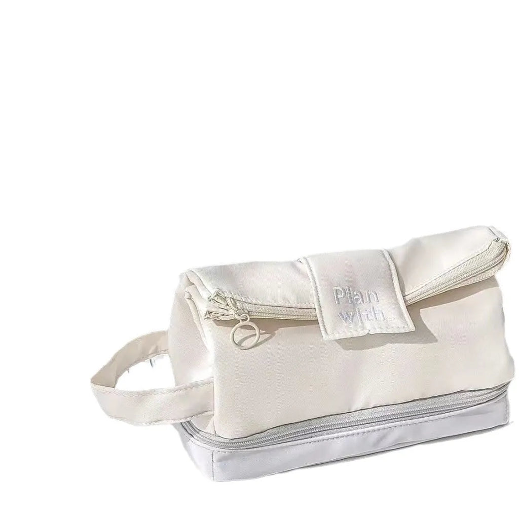 Polyester folding double-layer pencil case in dark blue, blue, and cream white colour options