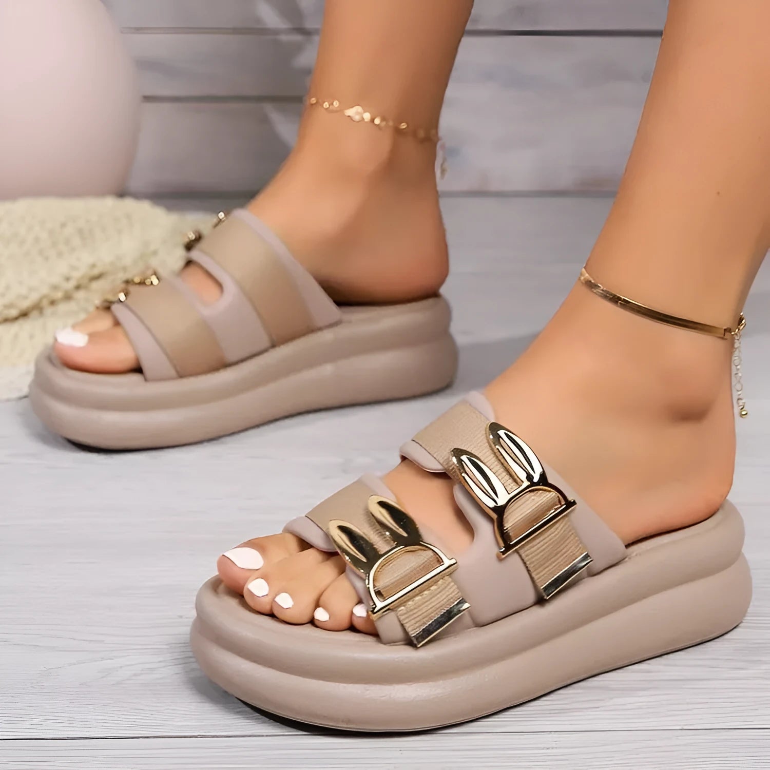 Women's suede slippers with thick rubber soles in apricot, black and off white colours