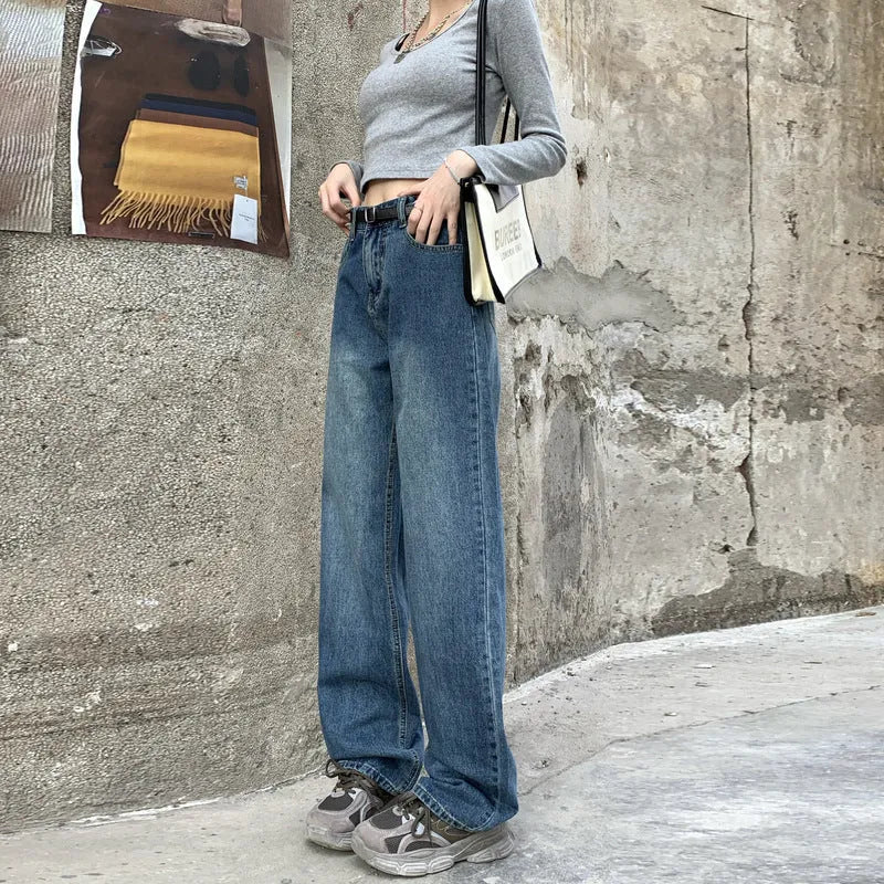 Women's high-waisted straight-leg jeans in retro blue cotton denim showing front view