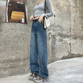 Women's high-waisted straight-leg jeans in retro blue cotton denim showing front view