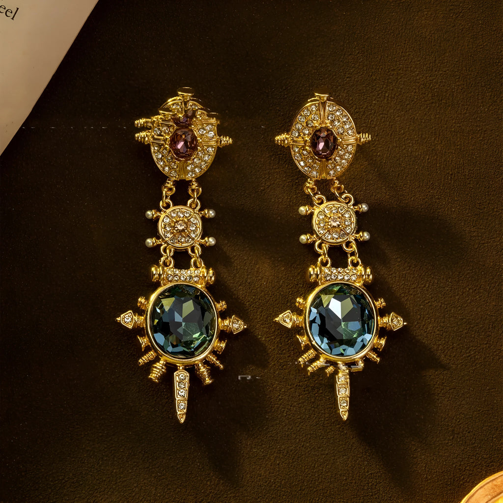 Gold geometric round stud earrings with diamond treatment surface