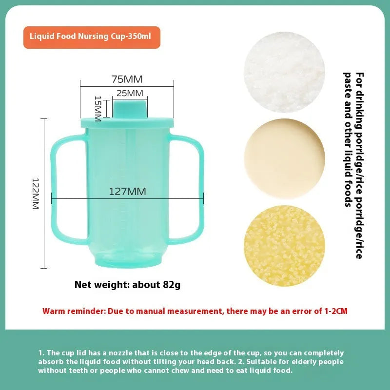 Oblique mouth choke proof cup with optional wrist splint for elderly bed drinking safety