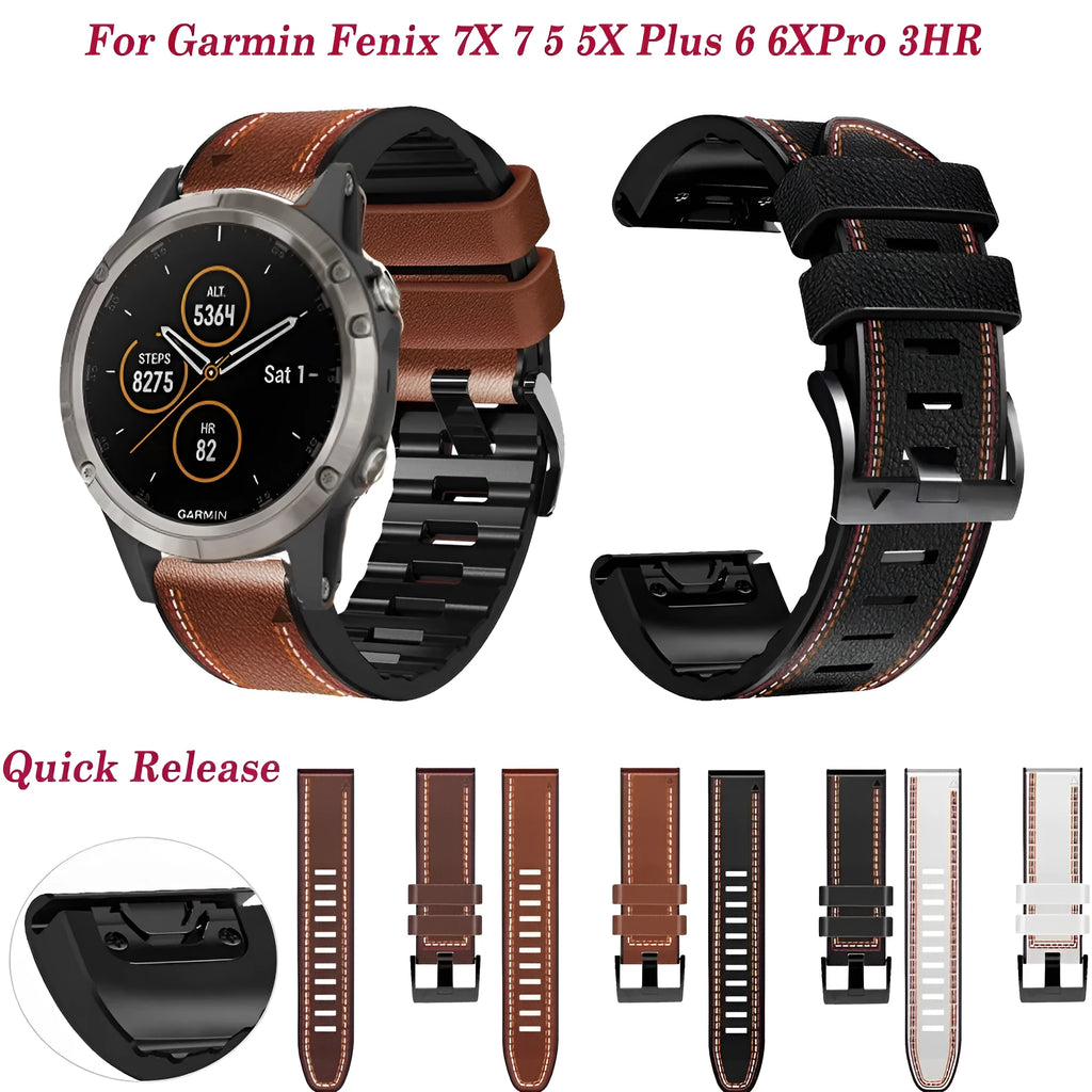 Silicone and leather quick-release watchband for Garmin Fenix smartwatch in black, showing 22mm width.