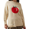 Women's loose-fit acrylic jacquard knit sweater with round neck and long sleeves in milky white