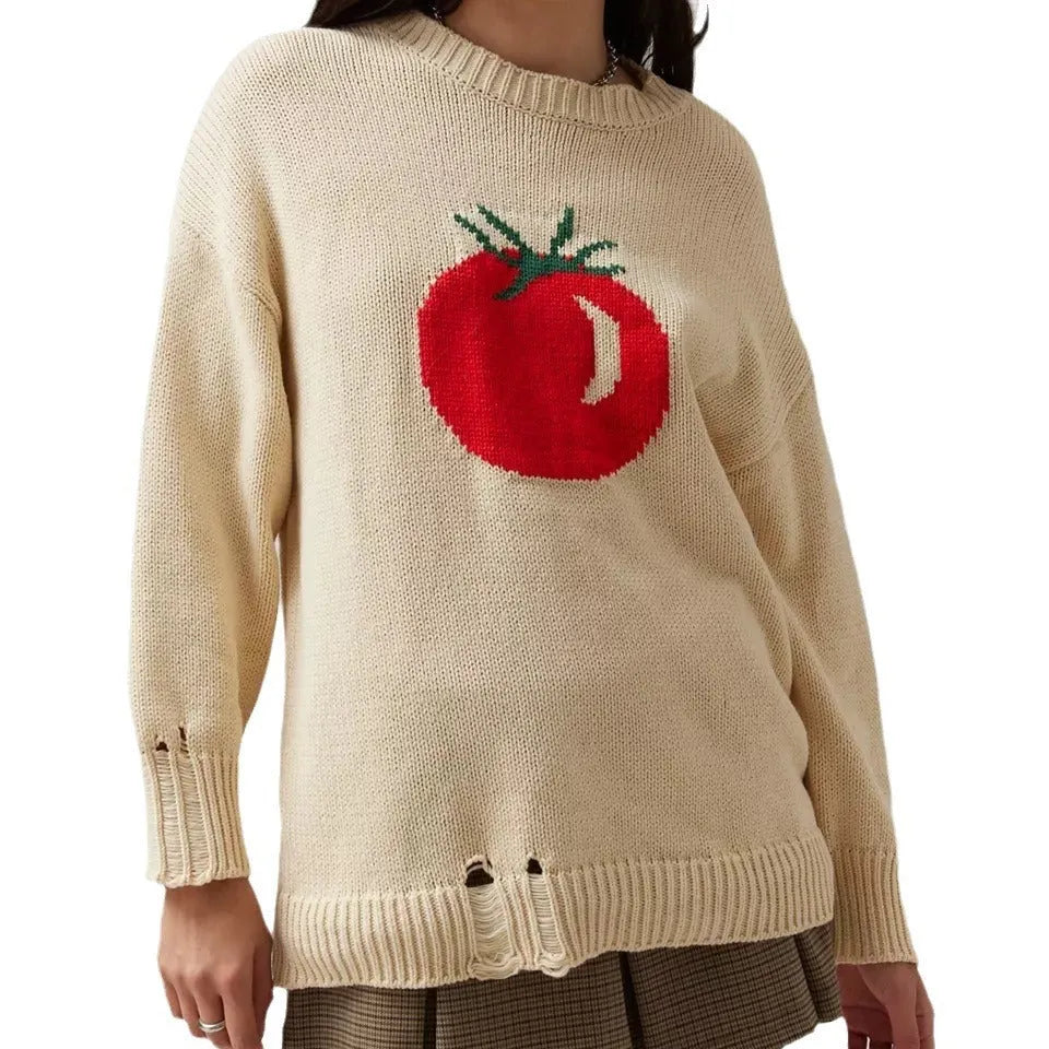 Women's loose-fit acrylic jacquard knit sweater with round neck and long sleeves in milky white