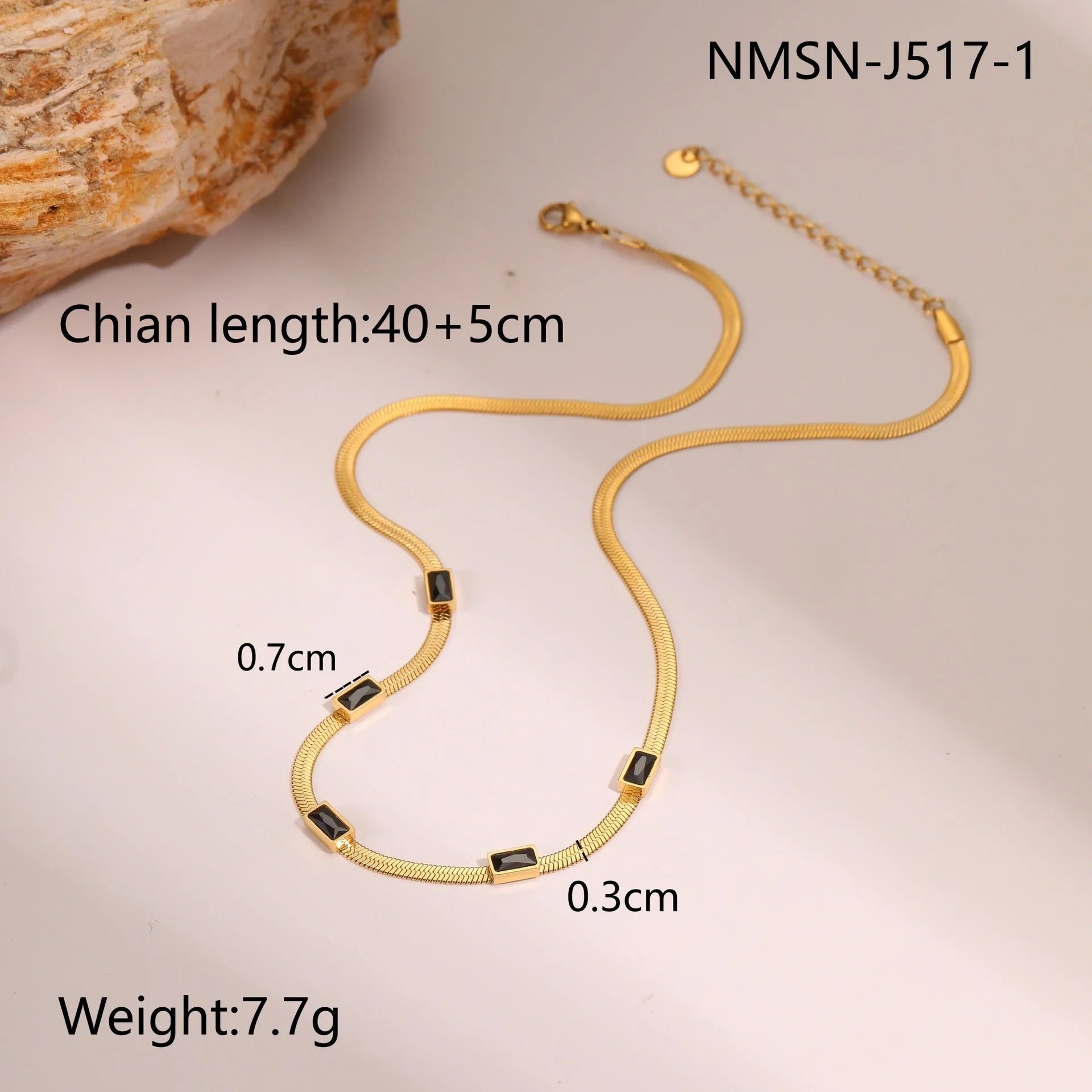 Geometric square zircon pendant necklace with stainless steel flat snake chain in gold or steel colour finishes