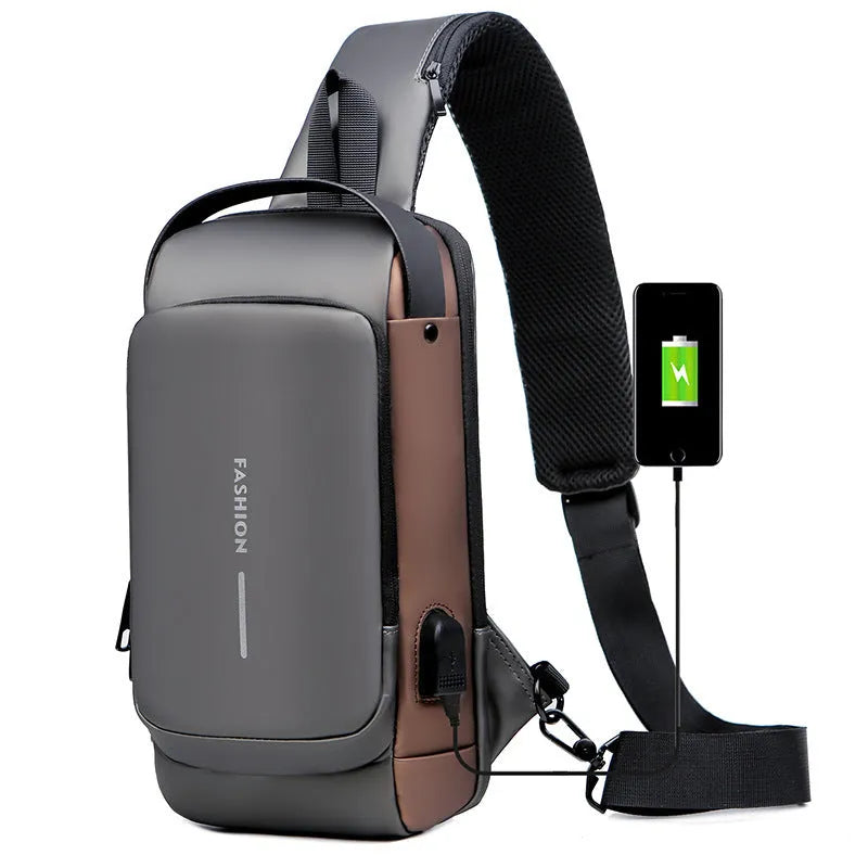 PU leather motorcycle chest bag in black with zipper and password lock