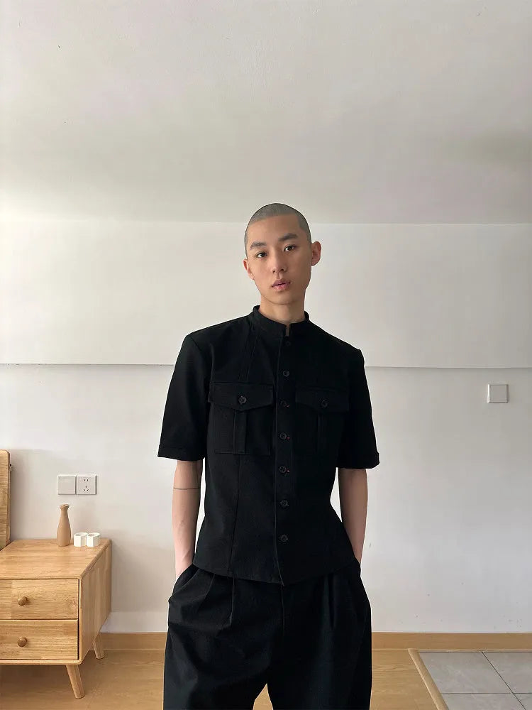 Handmade black half-sleeve hunting shirt with shirt collar and single-breasted placket