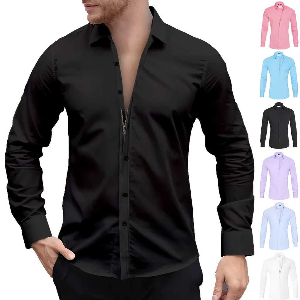 Men's long sleeve zipper shirt with lapel collar, solid colour cotton blend, slim fit, front zipper and button detail