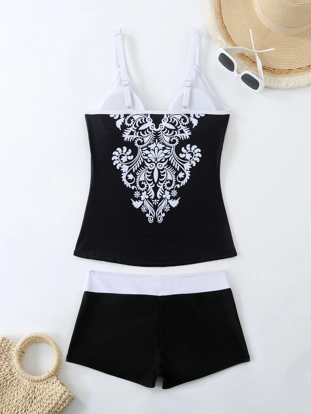 Women's plus size black and rose red swimsuit set with briefs, made from polyester with cotton lining.