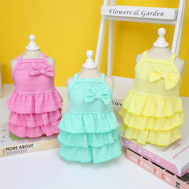 Small dog wearing princess dress with layered skirt in candy colour, suitable for thin teddy bichon breeds