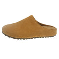 Flat outdoor slip-on slippers with square toe in apricot colour on a plain background.