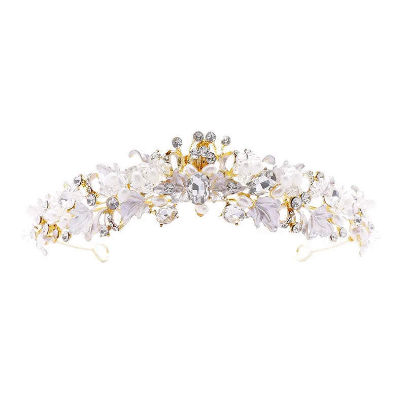 Pearl crown headdress with electroplated alloy construction in gold or silver colour
