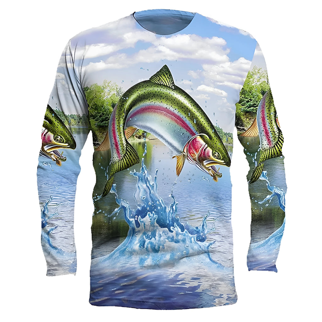 Men's fish print pullover top in milk silk fabric with long sleeves and round neck design