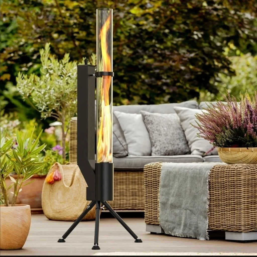 Vertical iron wood burning rocket furnace stove for courtyard heating and decoration.
