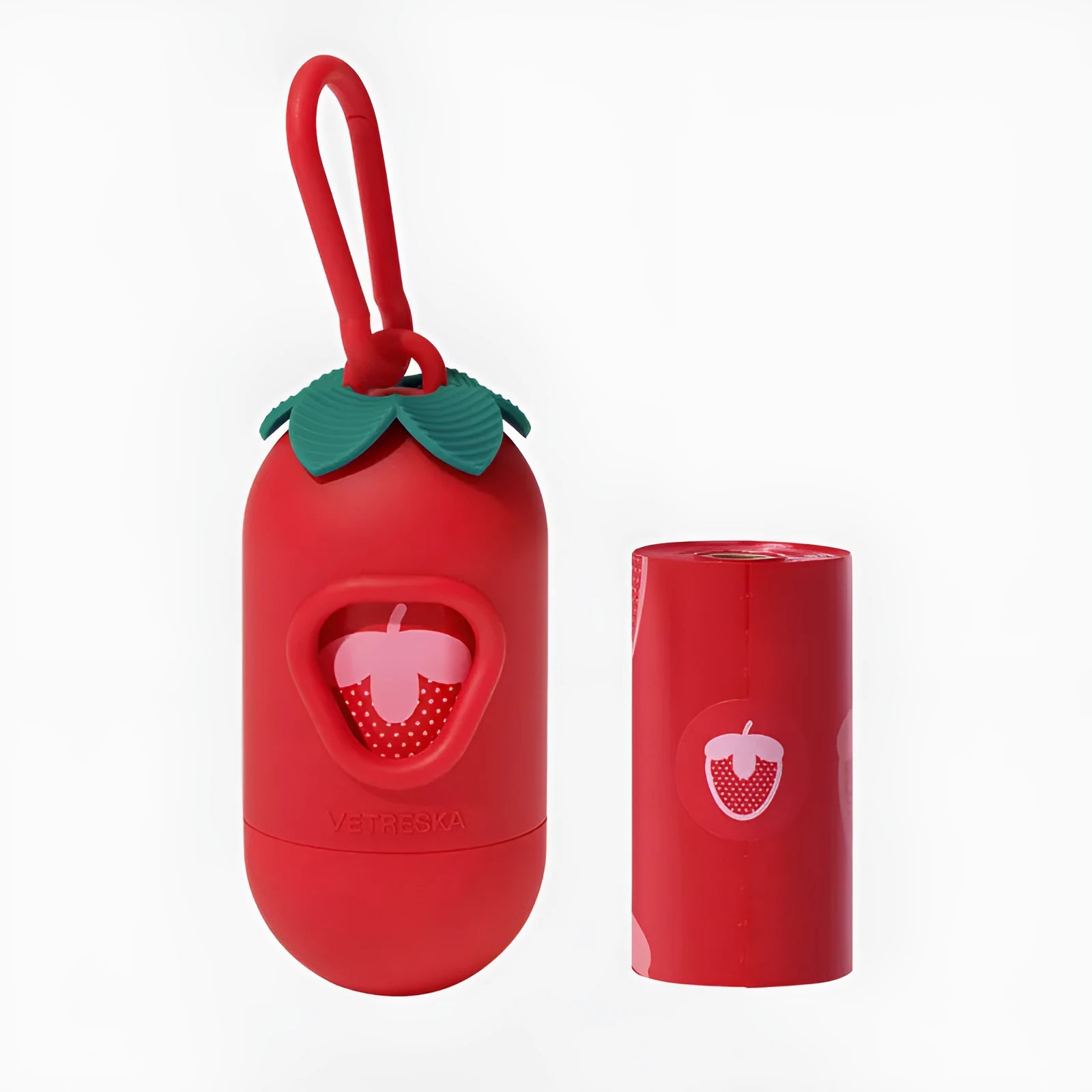 Portable plastic capsule dispenser for scented dog poo bags in strawberry, orange, and cherry blossom designs.