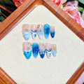 Blue hand-painted carved summer ice transparent fake nails plastic set sizes XS S M L