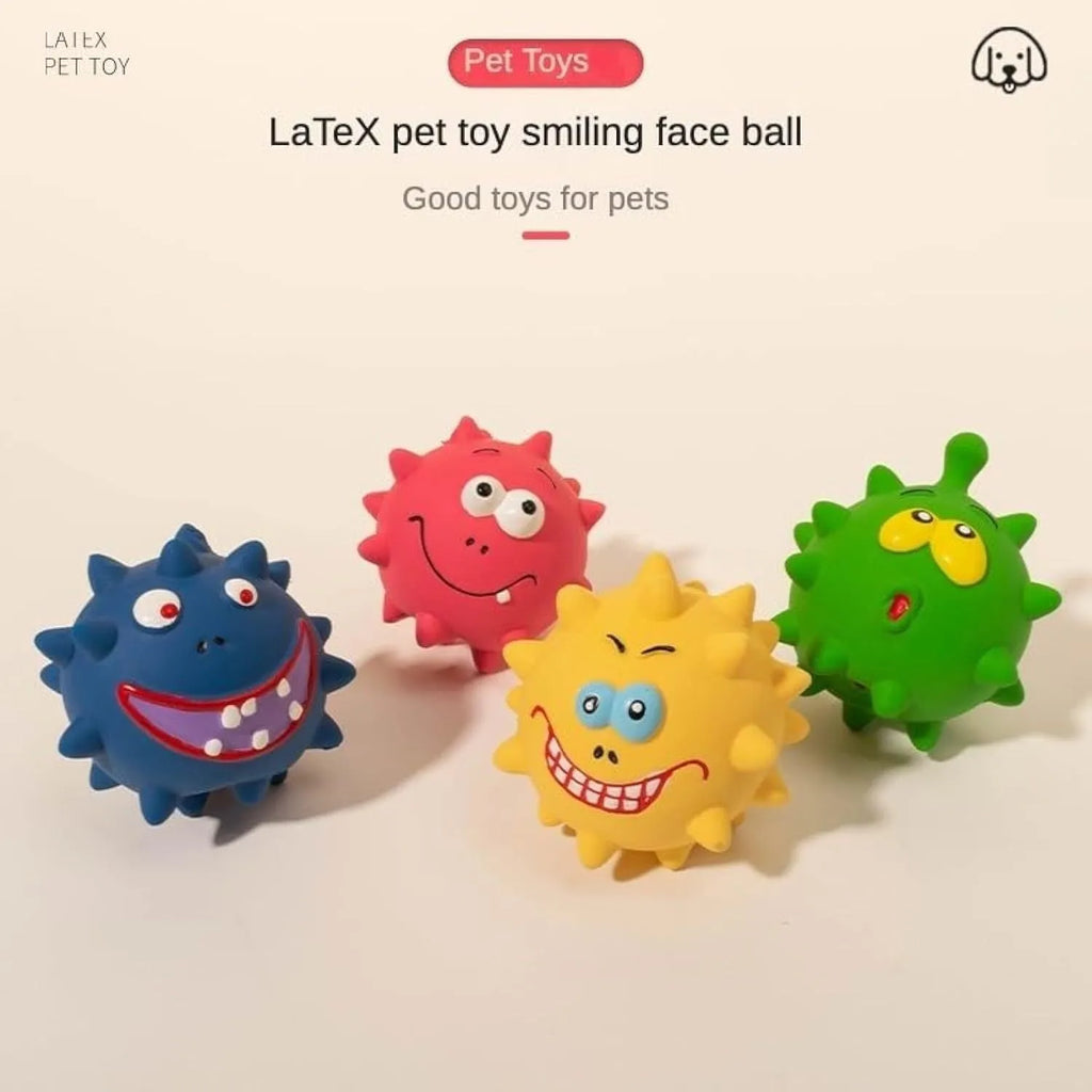 Set of four coloured natural latex rubber squeaky dog balls with bump-textured surfaces