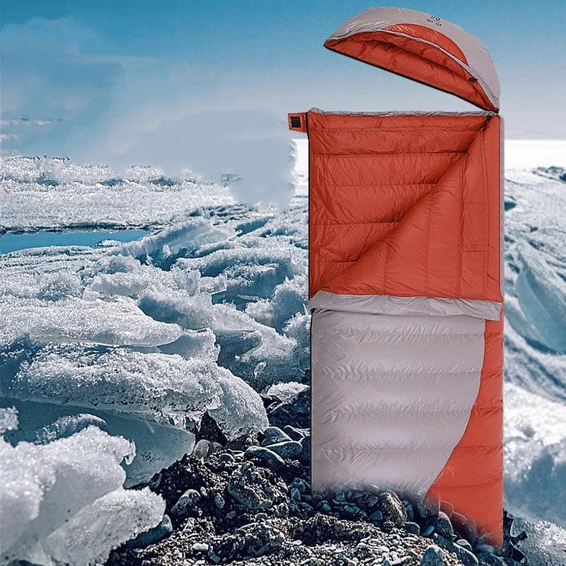 Outdoor camping envelope down sleeping bag in khaki grey with windproof nylon fabric and anti-slip zipper