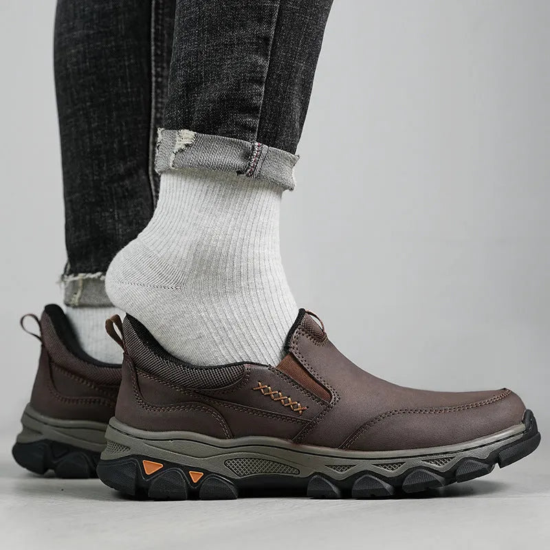 Men's casual flat heel shoes with round toe and rubber sole in black, brown, or grey