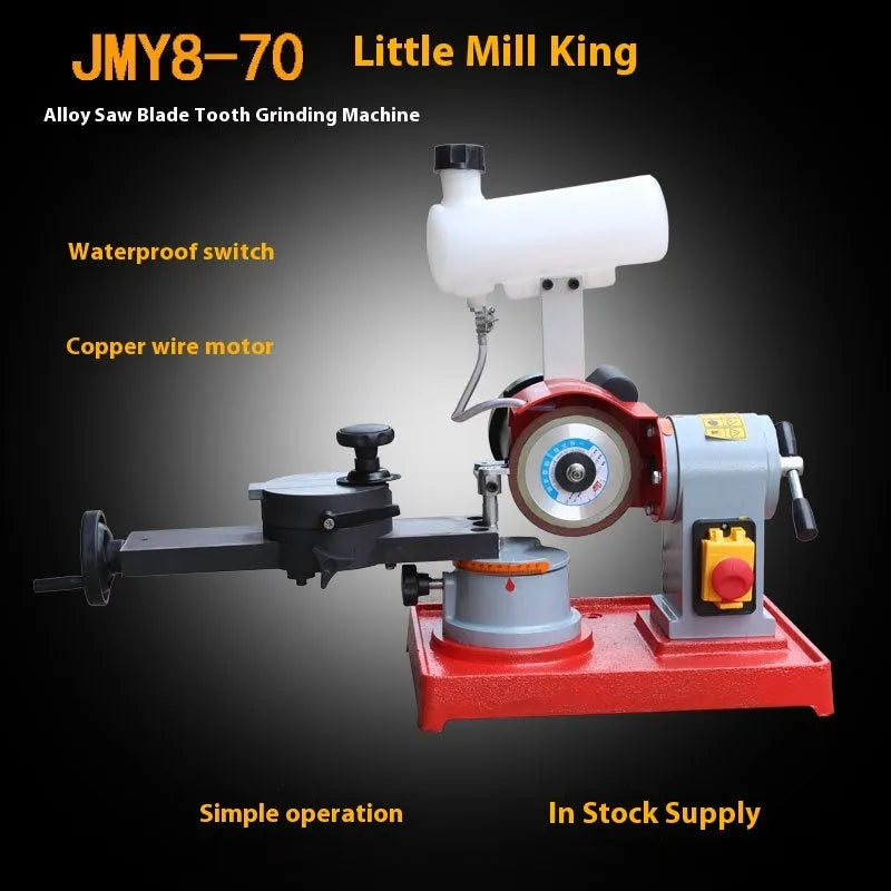 Xiao Mo Wang manual gear grinding machine for sharpening alloy circular saw blades on a workbench.